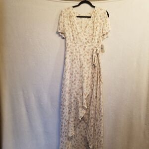 Altar'd State L Dress Maxi Faux Wrap Beige Floral Swiss Dot Chiffon Cottagecore